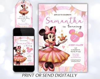 Editable Pink Minnie Mouse Birthday Invitation, Watercolor Girls Birthday Invitation, Printable Invitation, Pink Minnie Invitation