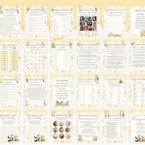 May include: A set of baby shower game cards, featuring a Winnie the Pooh theme. The cards are yellow with floral designs and include games such as "Guess the Celebrity Baby" and "Don't Say Baby".