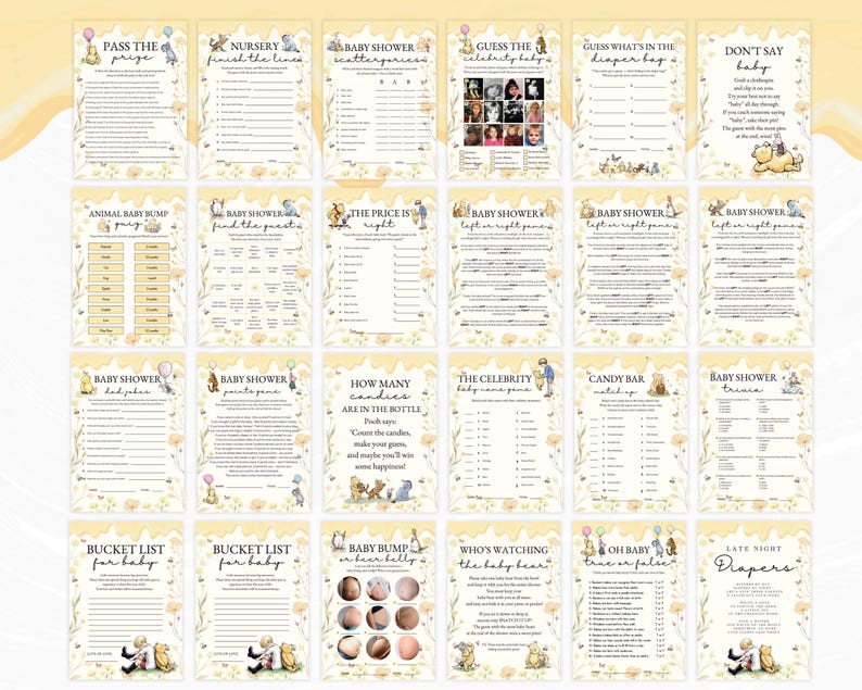 May include: A set of baby shower game cards, featuring a Winnie the Pooh theme. The cards are yellow with floral designs and include games such as "Guess the Celebrity Baby" and "Don't Say Baby".