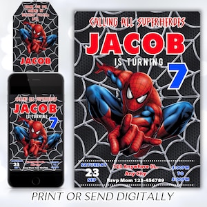 Peut inclure: Une invitation d'anniversaire sur le th&egrave;me de Spiderman pour un gar&ccedil;on qui f&ecirc;te ses sept ans. L'invitation pr&eacute;sente un personnage de Spiderman rouge et bleu sur un fond de toile d'araign&eacute;e noire et grise. Le texte sur l'invitation indique "Calling all Superheroes Jacob is turning 7".