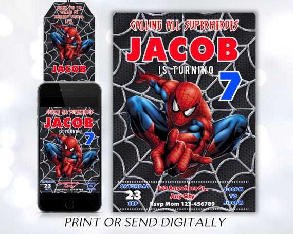 Editable Spiderman Invitation Birthday Party, Spiderman Digital Invitation, Spiderman Birthday, Editable With Canva, Instant Download