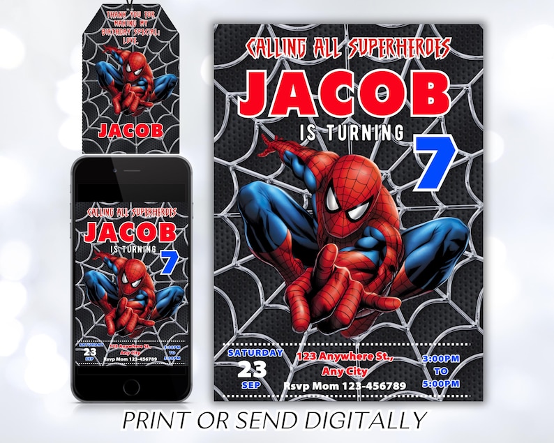 Peut inclure: Une invitation d'anniversaire sur le th&egrave;me de Spiderman pour un gar&ccedil;on qui f&ecirc;te ses sept ans. L'invitation pr&eacute;sente un personnage de Spiderman rouge et bleu sur un fond de toile d'araign&eacute;e noire et grise. Le texte sur l'invitation indique "Calling all Superheroes Jacob is turning 7".