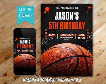 Editable Basketball Invitation Template, Basketball Birthday Invitation, Boys Girls Basketball Invite, Printable Basketball Theme Party