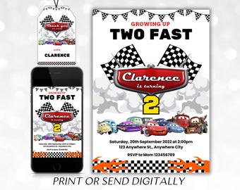 Cars Birthday Party Invitation, Lightning Mcqueen Birthday, Cars Party Invite, Second Birthday Party Invitation, Two Fast, 2, Tow Mater Cars