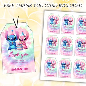May include: A set of printable thank you tags and cards featuring the characters Stitch and Angel. The tags and cards have a tie-dye background with the words "Thank you" and "Samantha". The image also includes the text "Free Thank You Card Included".