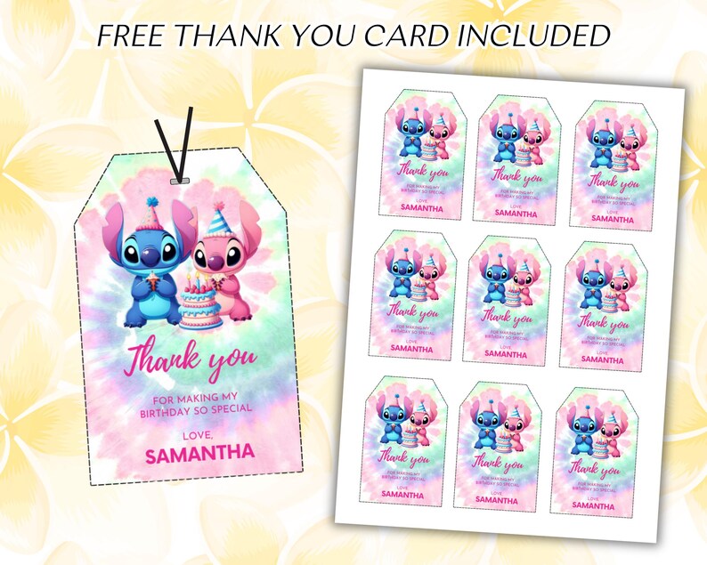 May include: A set of printable thank you tags and cards featuring the characters Stitch and Angel. The tags and cards have a tie-dye background with the words "Thank you" and "Samantha". The image also includes the text "Free Thank You Card Included".