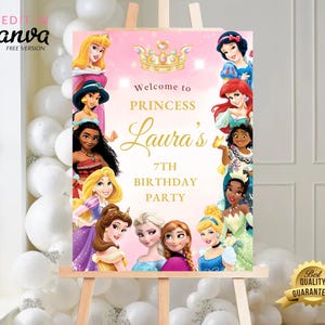 Panneau de bienvenue d'anniversaire de princesse, affiche de bienvenue de princesse, panneau de fête de princesse, fête de princesse fille, or rose MODIFICATION numérique instantanée