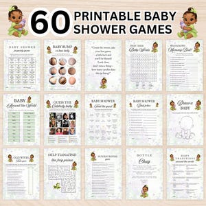 May include: A collection of 60 printable baby shower games. The games include activities like "Baby Bump," "Baby Words," and "Draw a Baby." Each game sheet has a decorative floral border and a cartoon baby graphic.