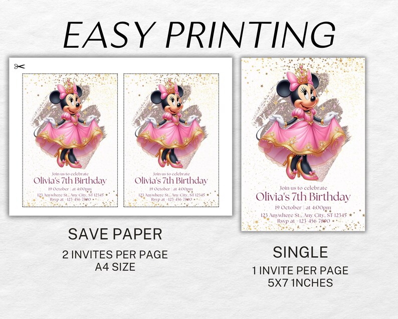 Editable Pink Minnie Mouse Birthday Invitation, Watercolor Girls ...