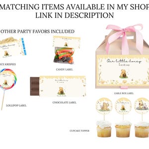 May include: A selection of party favours with a Winnie the Pooh theme. Includes labels for rice krispies, candy, chocolate, and a gable box. Also shown are a lollipop and cupcake toppers. The text "Our little honey is on the way" is visible.