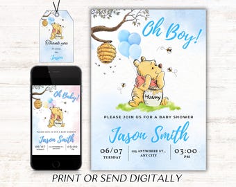 Editable Winnie the Pooh Baby Shower Invitation, Digital Invitation Oh Boy, Winnie The Pooh Invitation, Pooh Printable Template, Pooh Blue