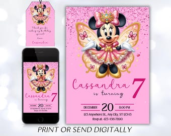 Editable Pink Minnie Mouse Birthday Invitation, Watercolor Girls Birthday Invitation, Printable Invitation, Pink Minnie Invitation
