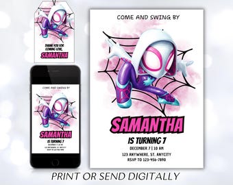 Invitación de cumpleaños de niña fantasma Spidey, fiesta de cumpleaños de Spidey Gwen, invitación a fiesta de Spider Gwen, plantilla Canva