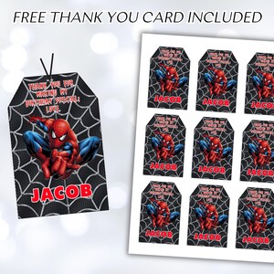 Peut inclure: Neuf &eacute;tiquettes de faveur Spiderman rouges et noires avec le texte "Merci d'avoir rendu mon anniversaire sp&eacute;cial ! Avec amour, Jacob" imprim&eacute; sur chaque &eacute;tiquette.