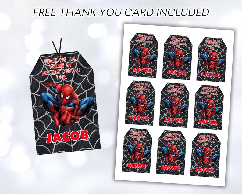 Peut inclure: Neuf &eacute;tiquettes de faveur Spiderman rouges et noires avec le texte "Merci d'avoir rendu mon anniversaire sp&eacute;cial ! Avec amour, Jacob" imprim&eacute; sur chaque &eacute;tiquette.