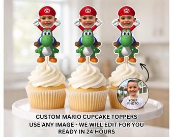 Custom Mario Face Cupcake Toppers, Super Mario Personalized Face Cupcake Toppers, Custom Face Cupcake Toppers, Mario Cupcake Topper