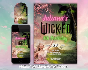 Wicked Birthday Party Invitation, Wicked party invitation, WICKED inspired Movie ticket, Elphaba & Glinda Theme, Movie party, Canva Editable