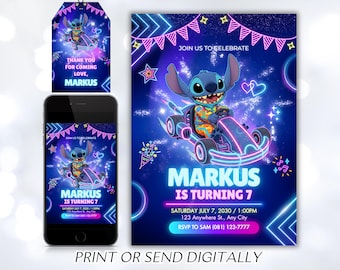 Stitch Birthday Invitation, Printable Neon Stitch Invitation, Glow Stitch Birthday Invite, Space Stitch Birthday, Canva Template