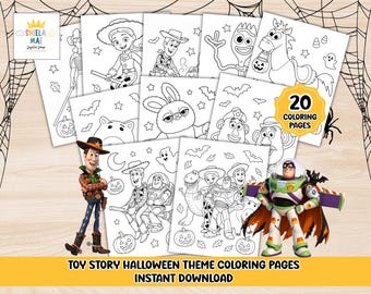 May include: A collection of 20 Toy Story Halloween theme coloring pages featuring line art of characters like Woody, Buzz Lightyear, Jessie, and Forky with pumpkins, bats, and ghosts. The set includes a logo for Shiela Mae Digital Shop.
