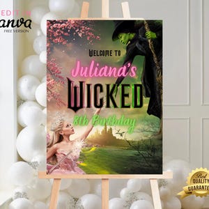 Wicked Birthday Willkommenssigne, Wicked Party Willkommensplakat, WICKED inspirierte Kinokarte, Elphaba & Glinda Theme, Filmparty, Canva Edit