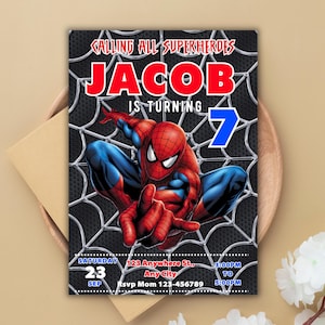 Peut inclure: Une invitation d'anniversaire sur le th&egrave;me de Spiderman pour un gar&ccedil;on nomm&eacute; Jacob qui f&ecirc;te ses 7 ans. L'invitation pr&eacute;sente un personnage de Spiderman rouge et bleu sur un fond de toile d'araign&eacute;e noir et blanc. Le texte "Calling all superheroes" est en haut de l'invitation. L'invitation comprend la date, l'heure et le lieu de la f&ecirc;te.