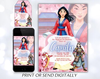 May include: A birthday invitation and matching tag featuring a cartoon illustration of a woman in a red and blue outfit. The invitation includes the text "You are invited to the Magical 7th Birthday Story of Camila."