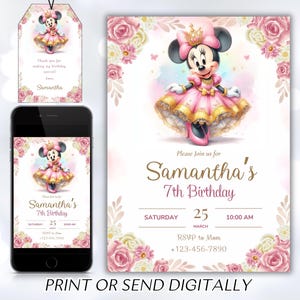Editable Minnie Mouse Birthday Invitation, Watercolor Girls Birthday Invitation, Printable Invitation, Pink Minnie Invitation