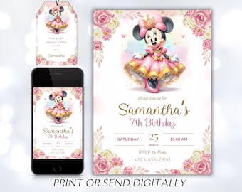 Editable Minnie Mouse Birthday Invitation, Watercolor Girls Birthday Invitation, Printable Invitation, Pink Minnie Invitation