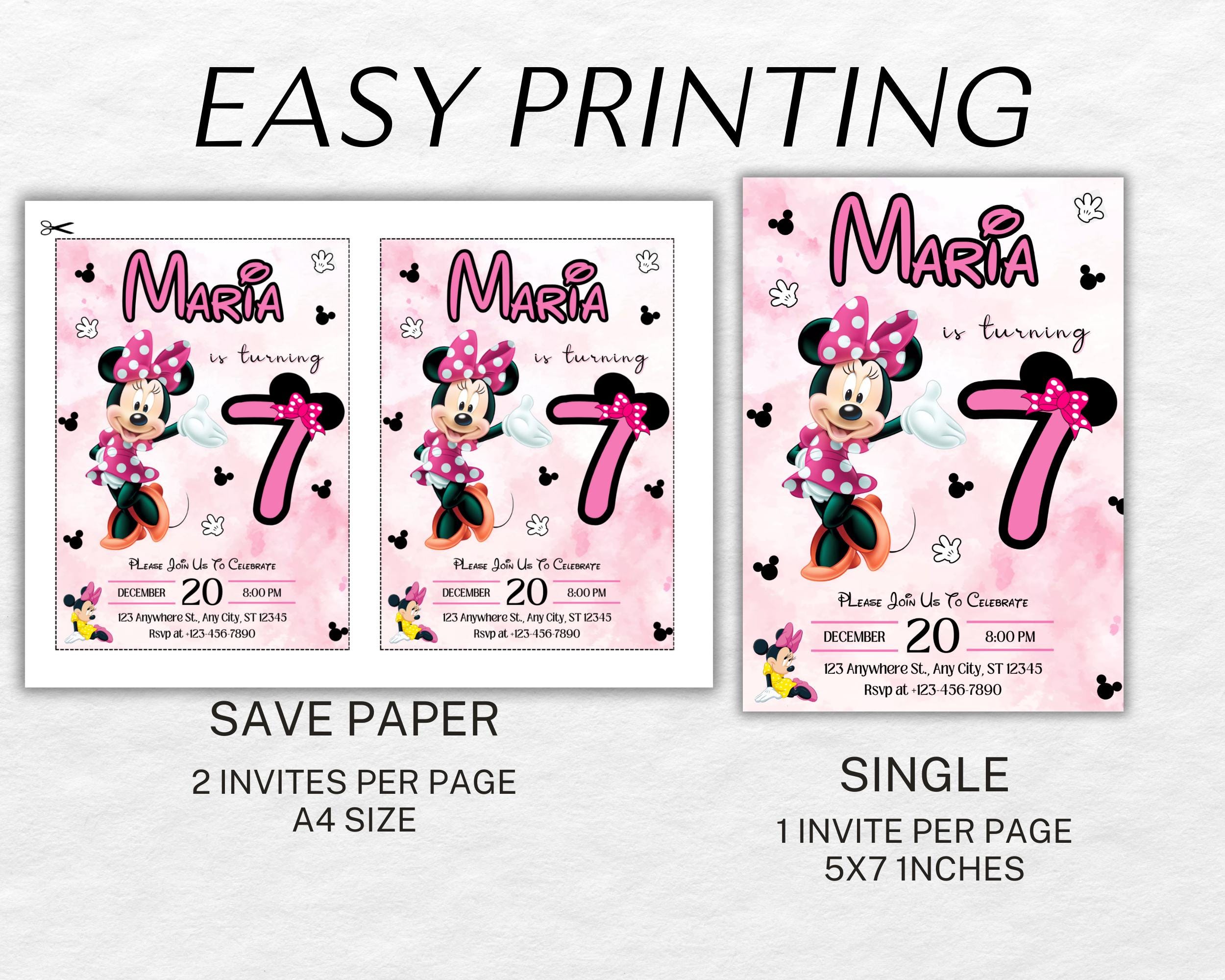 Editable Pink Minnie Mouse Birthday Invitation, Watercolor Girls ...
