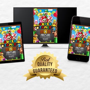 May include: A digital invitation featuring a Super Mario Bros. theme. The invitation is for a birthday party for James, who is turning 7. The invitation is decorated with images of Mario, Luigi, Peach, Toad, and other characters from the game. The invitation includes the date, time, and location of the party.