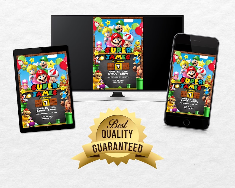 May include: A digital invitation featuring a Super Mario Bros. theme. The invitation is for a birthday party for James, who is turning 7. The invitation is decorated with images of Mario, Luigi, Peach, Toad, and other characters from the game. The invitation includes the date, time, and location of the party.