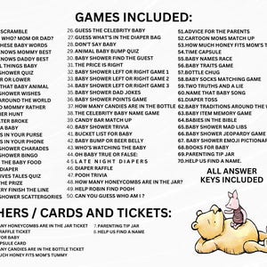 May include: A baby shower game sheet with a list of games and activities, including trivia, quizzes, and matching games. The sheet features a Winnie the Pooh and Piglet illustration and includes answer keys.
