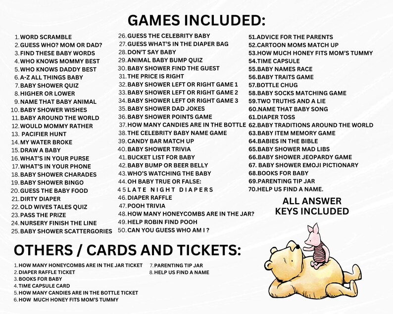 May include: A baby shower game sheet with a list of games and activities, including trivia, quizzes, and matching games. The sheet features a Winnie the Pooh and Piglet illustration and includes answer keys.