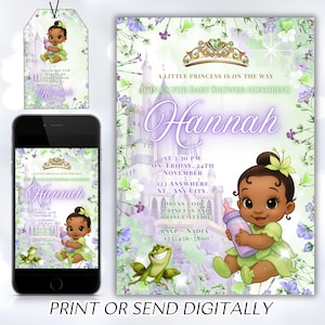 Convite editável para chá de bebê da princesa Tiana, chá de bebê da Tiana, convites para chá de bebê da Tiana, convite digital da Tiana