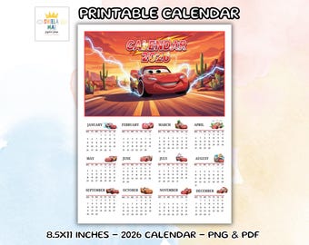 Cars Calendar 2026, Printable Calendar 2026, calendar, desk calendar, calendar 2026, kids calendar 2026, cartoon calendar