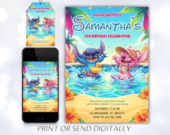 Stitch Pool-uitnodiging voor feest, afdrukbare uitnodiging Angel and Stitch, Kids Stitch Angel verjaardagsuitnodiging, Aloha Stitch Summer Party