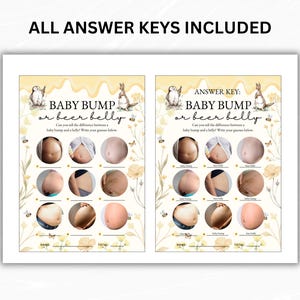 May include: Two printable baby shower game sheets with the text "BABY BUMP or beer belly". The sheets have illustrations of baby bumps and beer bellies. The text "ALL ANSWER KEYS INCLUDED" is at the top.