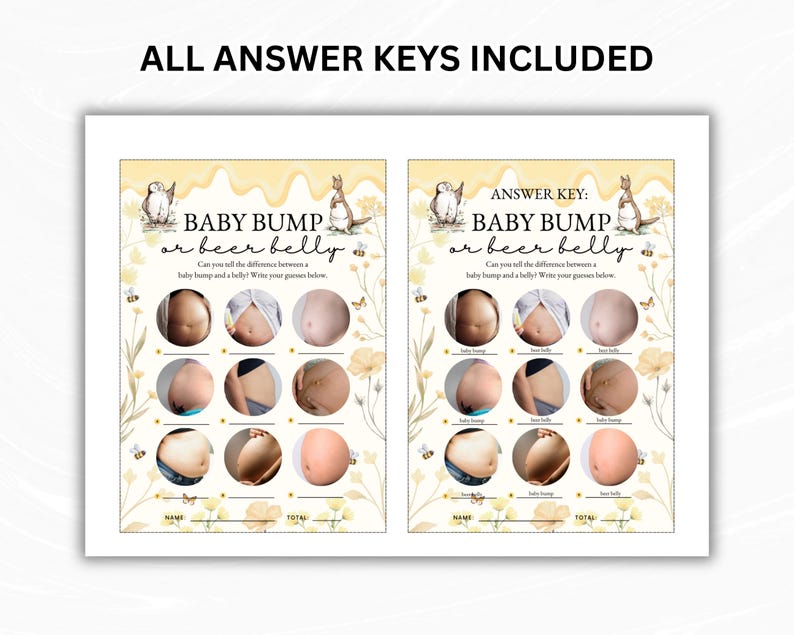 May include: Two printable baby shower game sheets with the text "BABY BUMP or beer belly". The sheets have illustrations of baby bumps and beer bellies. The text "ALL ANSWER KEYS INCLUDED" is at the top.