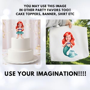 Op de afbeelding: Afbeelding toont een taarttopper en een draagtas met een zeemeerminontwerp. De taarttopper staat op een witte taart. De draagtas heeft een zeemeerminillustratie. Tekst op de afbeelding luidt: "YOU MAY USE THIS IMAGE IN OTHER PARTY FAVORS TOO!! CAKE TOPPERS, BANNER, SHIRT ETC USE YOUR IMAGINATION!!!!"