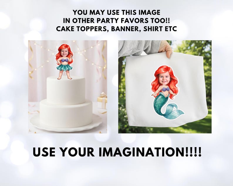 Op de afbeelding: Afbeelding toont een taarttopper en een draagtas met een zeemeerminontwerp. De taarttopper staat op een witte taart. De draagtas heeft een zeemeerminillustratie. Tekst op de afbeelding luidt: "YOU MAY USE THIS IMAGE IN OTHER PARTY FAVORS TOO!! CAKE TOPPERS, BANNER, SHIRT ETC USE YOUR IMAGINATION!!!!"