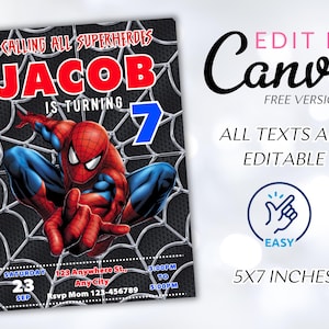 Peut inclure: Une invitation imprimable pour une f&ecirc;te d'anniversaire sur le th&egrave;me des super-h&eacute;ros. L'invitation pr&eacute;sente une image de dessin anim&eacute; de Spiderman, le texte "Calling all superheroes" et le nom "Jacob" en rouge. L'invitation est pour un 7&egrave;me anniversaire et comprend la date, l'heure et les informations de RSVP.
