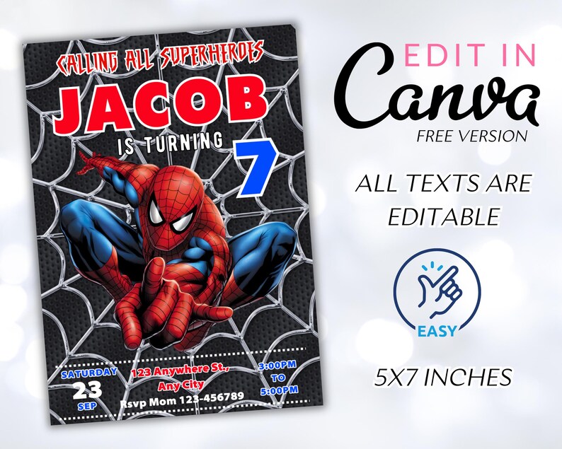 Peut inclure: Une invitation imprimable pour une f&ecirc;te d'anniversaire sur le th&egrave;me des super-h&eacute;ros. L'invitation pr&eacute;sente une image de dessin anim&eacute; de Spiderman, le texte "Calling all superheroes" et le nom "Jacob" en rouge. L'invitation est pour un 7&egrave;me anniversaire et comprend la date, l'heure et les informations de RSVP.