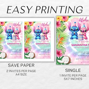 May include: Invitations for a first birthday party with the text "Aloha!" and "Samantha's 1st Birthday Party." The design features cartoon characters, tropical flowers, and the text "Easy Printing." The invitations are available in A4 size and 5x7 inches.