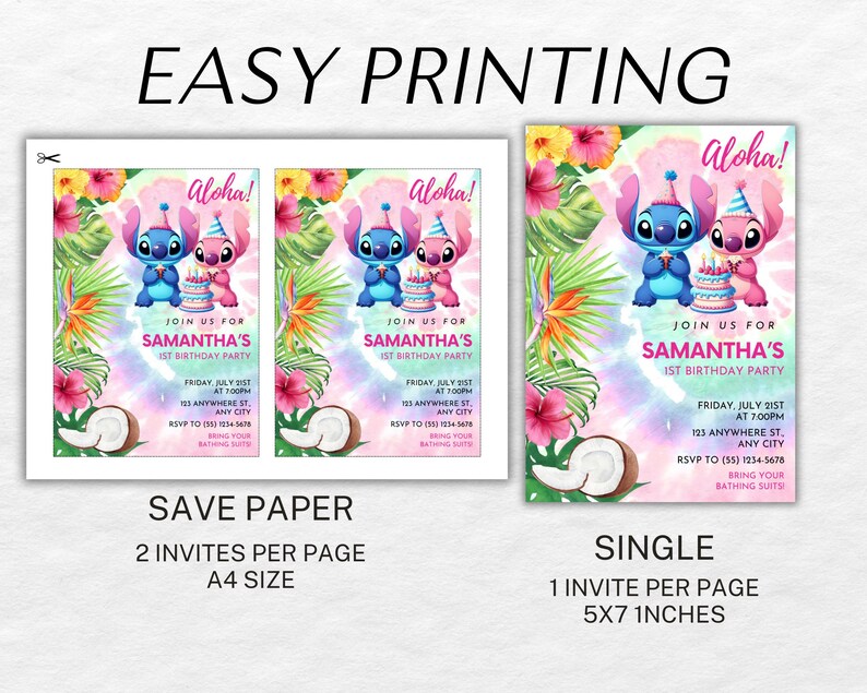 May include: Invitations for a first birthday party with the text "Aloha!" and "Samantha's 1st Birthday Party." The design features cartoon characters, tropical flowers, and the text "Easy Printing." The invitations are available in A4 size and 5x7 inches.