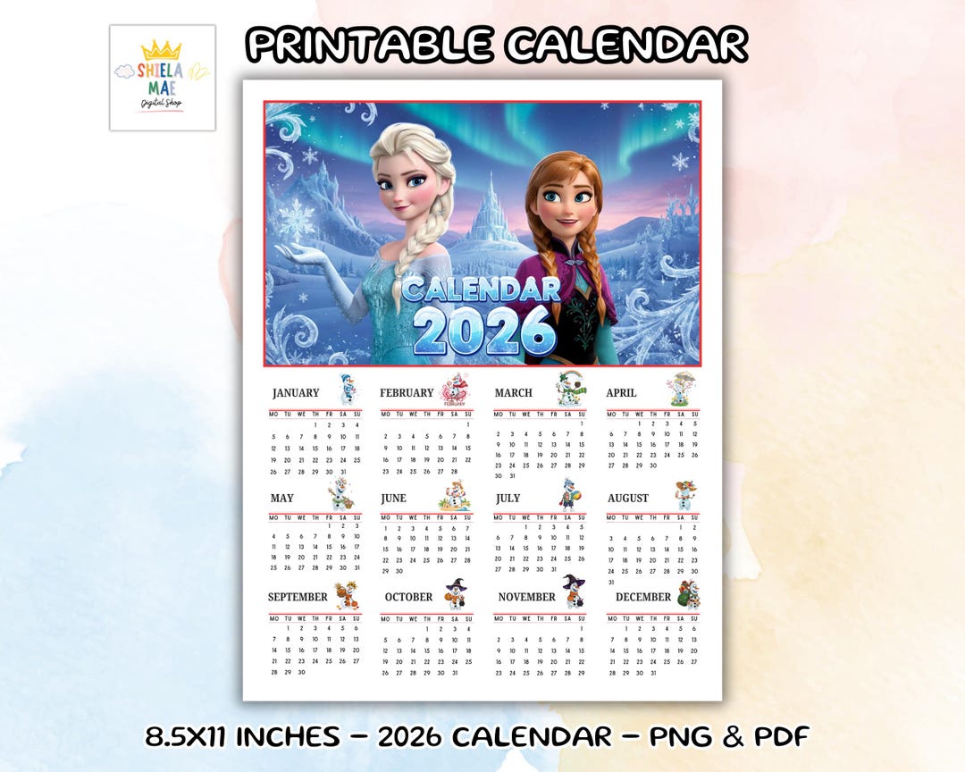 Calendrier de la Reine des neiges 2026, calendrier imprimable 2026 — free download