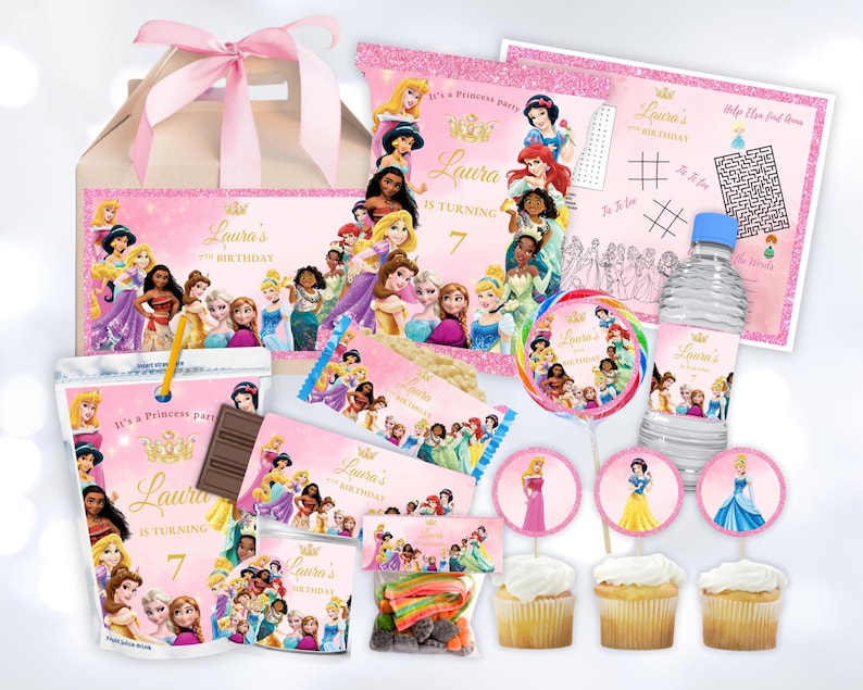 May include: A pink and gold princess-themed party favor box with a variety of treats, including a juice box, candy, and a lollipop. The box is decorated with images of Disney princesses and the text "Laura's 7th Birthday".
