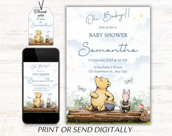 Editable Winnie the Pooh Baby Shower Invitation, Digital Invitation Oh Boy, Winnie The Pooh Invitation, Pooh Printable Template, Pooh Blue