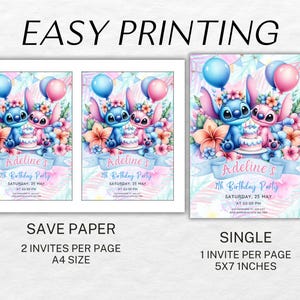 Puede incluir: Dos invitaciones imprimibles para una fiesta de cumplea&ntilde;os n&uacute;mero 7 con Stitch y Angel de Lilo & Stitch. Las invitaciones est&aacute;n decoradas con flores y tienen un fondo de acuarela. El texto en las invitaciones dice "Adeline's 7th Birthday Party" e incluye la fecha y la hora de la fiesta.