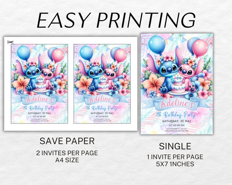 Puede incluir: Dos invitaciones imprimibles para una fiesta de cumplea&ntilde;os n&uacute;mero 7 con Stitch y Angel de Lilo & Stitch. Las invitaciones est&aacute;n decoradas con flores y tienen un fondo de acuarela. El texto en las invitaciones dice "Adeline's 7th Birthday Party" e incluye la fecha y la hora de la fiesta.