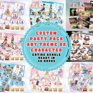 Könnte beinhalten: Eine Sammlung individueller Party-Sets mit verschiedenen Themen und Charakteren. Jedes Set enthält thematische Becher, Wasserflaschen, Cupcake-Topper und andere Party-Artikel. Der zentrale Text lautet "CUSTOM PARTY PACK ANY THEME OR CHARACTER".